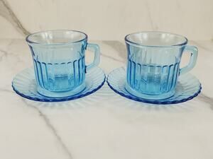 Fortecrisa Azure Ice Blue Glass Tea Cup Saucer 70's Interior Ribbed 3" Mexico x4